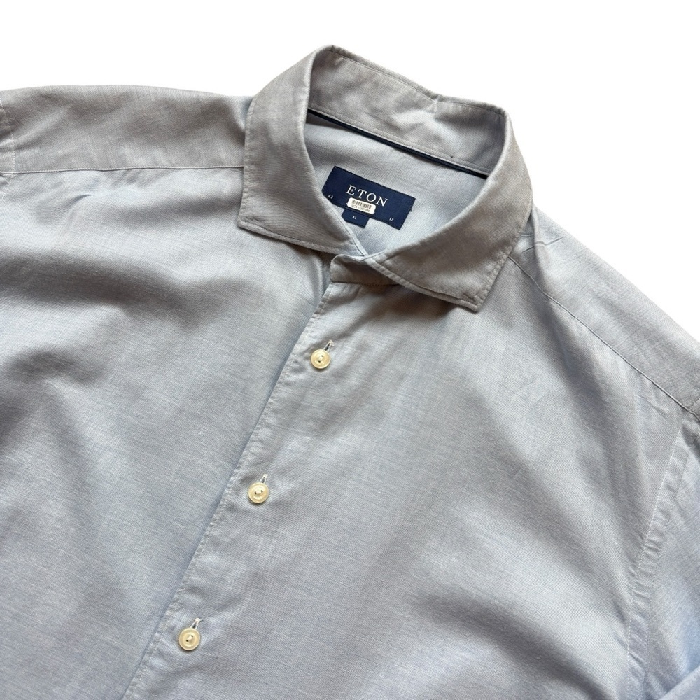 Eton Dress Shirt Men's XL Light Blue Solid Long Sleeve Cotton Silk Blend Office